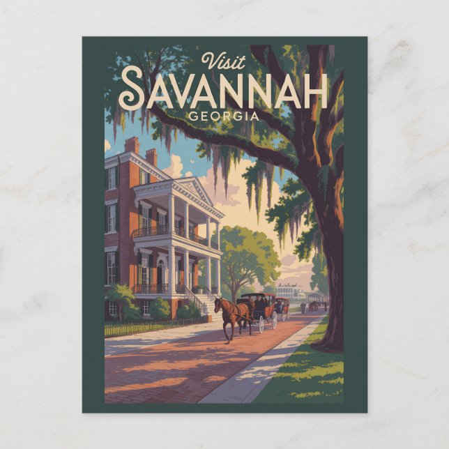 Savannah Georgia Horse Carriage Illustration Retro Vykort (Framsida)