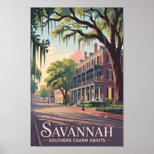 Savannah Georgia Illustration Travel Art Vintage Poster