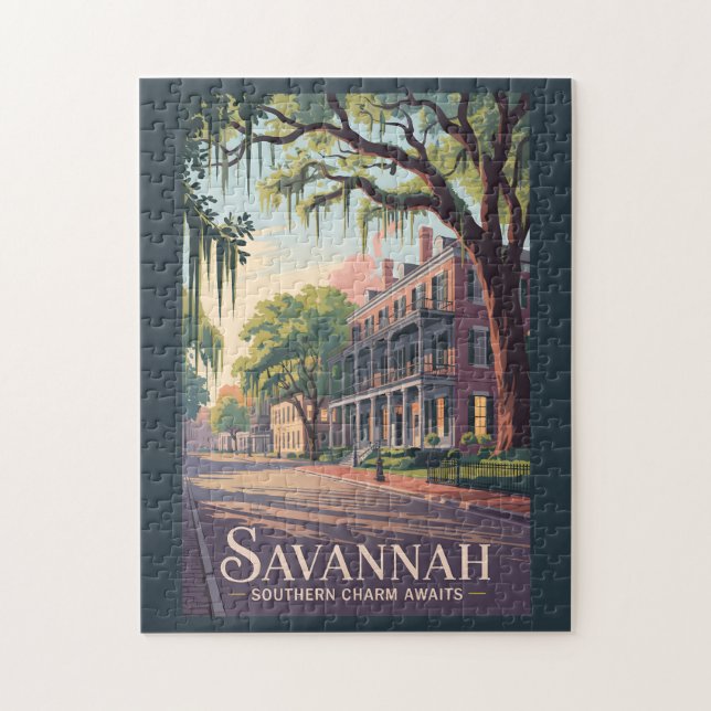 Savannah Georgia Illustration Travel Art Vintage Pussel (Vertikal)