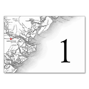 Savannah Georgia Karta Elegant Black White Bröllop Bordsnummer