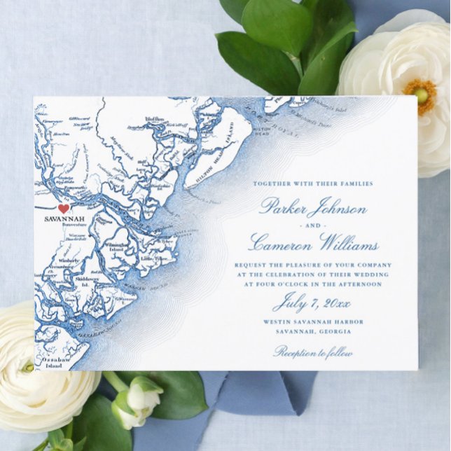 Savannah Georgia Karta Elegant Navy Blue Bröllop Inbjudningar (Elegant Savannah Georgia Map wedding invitation in navy blue with red heart)