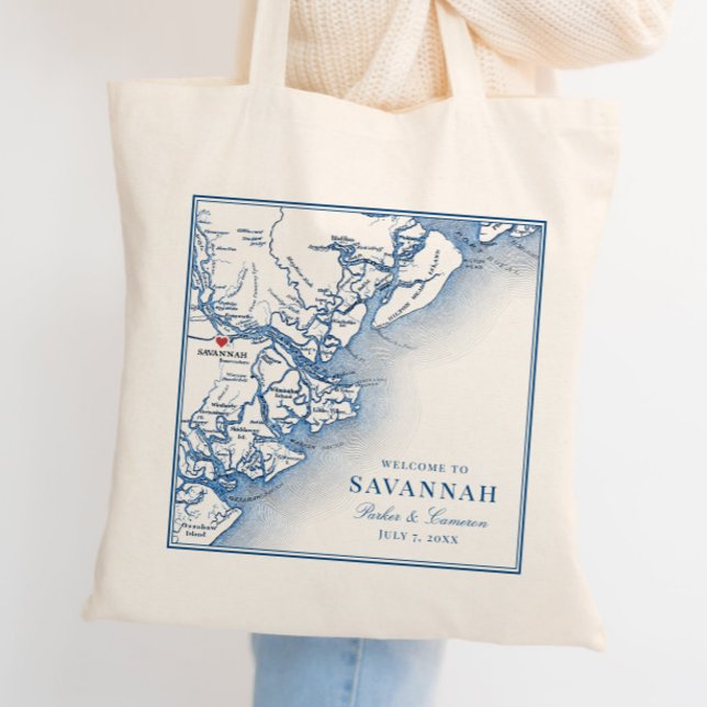Savannah Georgia Karta Elegant Navy Blue Bröllop Tygkasse (Elegant Savannah Georgia Custom Wedding Tote Bag with personalized navy blue map)