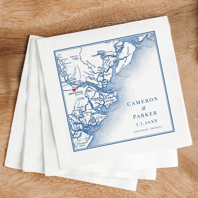 Savannah Georgia Karta Elegant Navy Bröllop Napkin Pappersservett (Elegant Savannah Georgia Custom Wedding napkins with personalized navy blue map)