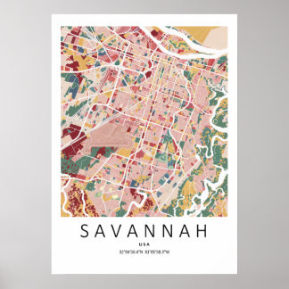 Savannah Georgia Kartposter | Modern Stadsväggskun Poster