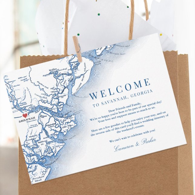 Savannah Georgia Navy Bröllop Välkomsthisterary Tack Kort (Elegant Savannah Georgia Welcome Letter wedding itinerary thank you card in navy blue )