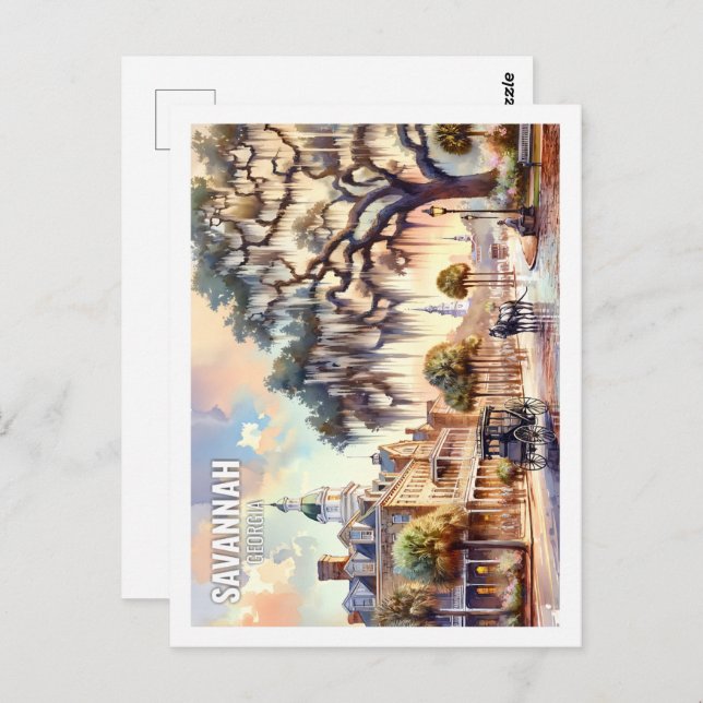 Savannah Georgia, USA, Berömd Ställe, vattenfärg Vykort (Fram/baksida)