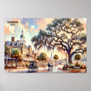Savannah Georgia USA Travel Ställe, vattenfärg Poster