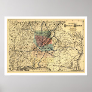 Savannah & Memphis Railroad Karta 1872 Poster