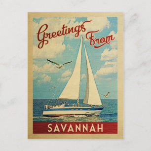 Savannah Postcard Sailboat Vintage resor Georgia Vykort
