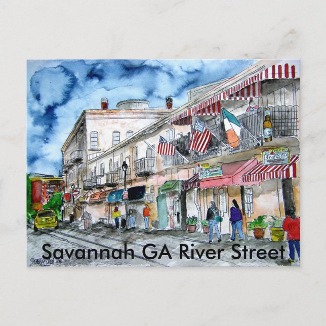 savannah_river_street_målning, Savannah GA Riv... Vykort (Framsida)