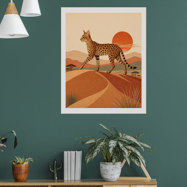 Savannahkatt Öken Solnedgång Väggkonst Safari Boho (Vardagsrum 1)