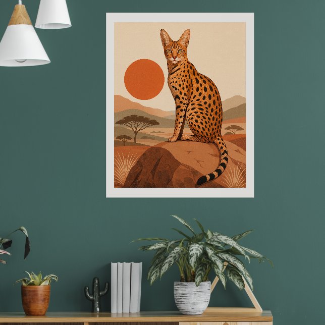 Savannahkatt på sten Boho Väggkonsttryck Dekor (Vardagsrum 1)