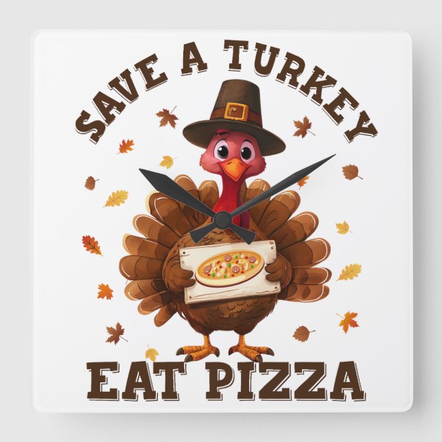 Save a Turkey Eat Pizza – Funny Thanksgiving Pizza Fyrkantig Klocka (Framsida)