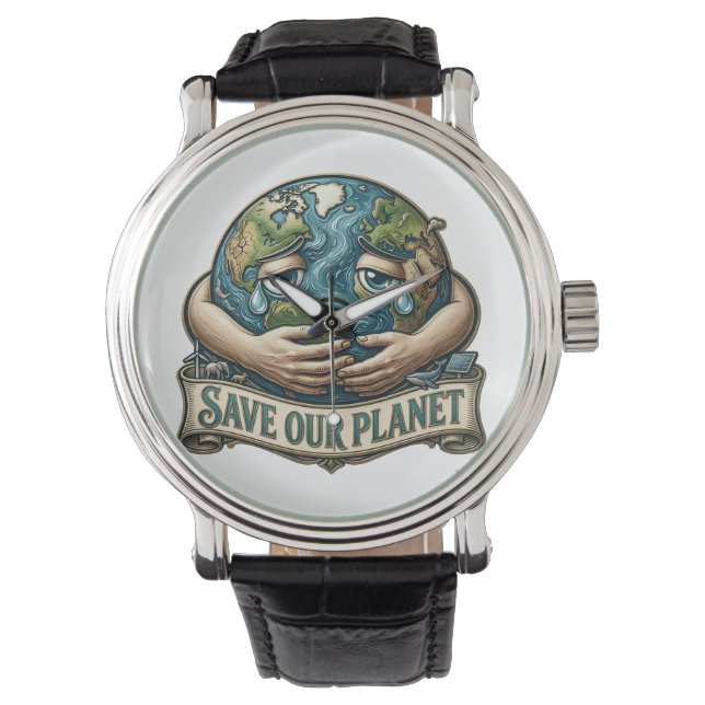 Save Our Planet Crying Earth Eco Awareness  Armbandsur (Framsida)