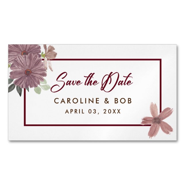 Save The Date Floral Burgundy Mini Magnet (Framsida)