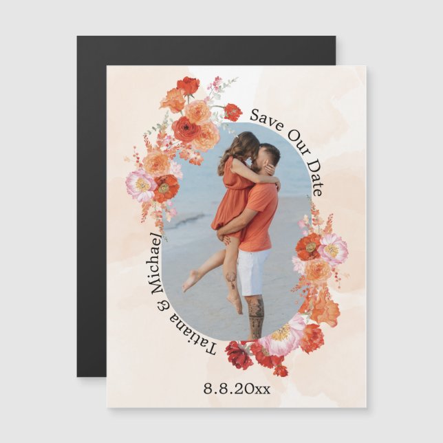 save the date floral orange arch photo magnet (Fram/baksida)