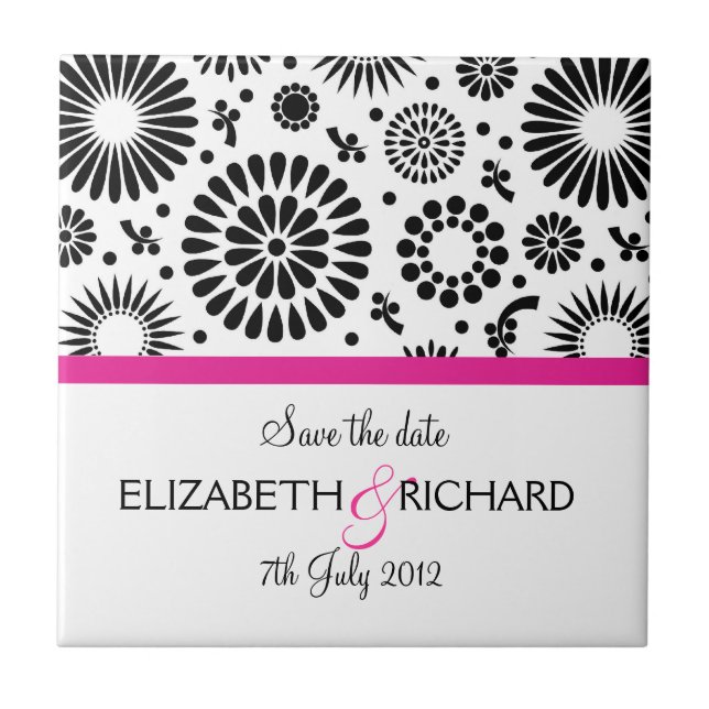 Save the Date Folk Black White Flower Boho Wedding Kakelplatta (Framsidan)