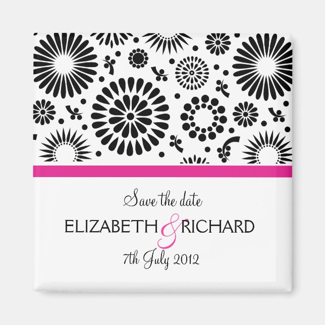 Save the Date Folk Black White Flower Boho Wedding Magnet (Framsidan)