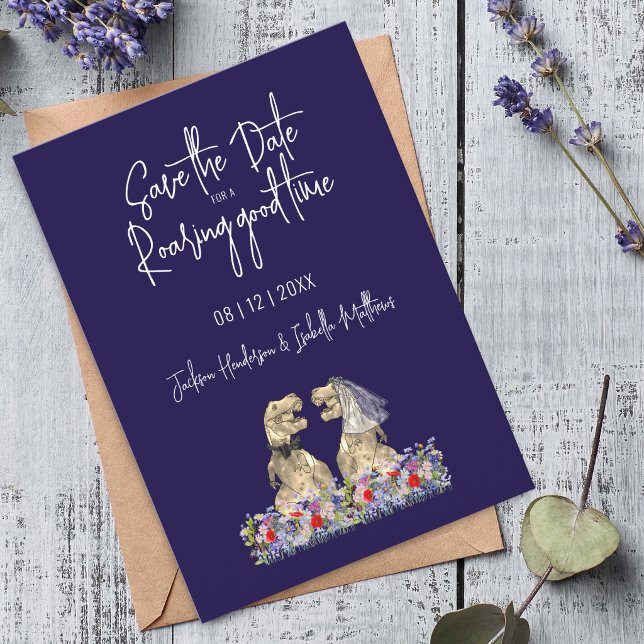 Save the Date for a Roaring Good Dinosaur Wedding Spara Datumet (Save the date for a roaring good time dinosaur wedding navy blue wildflower floral invitation)