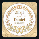 Save the Date, Gold Butterflies and Hearts Fyrkantigt Klistermärke<br><div class="desc">Save the Date,  Gold Butterflies and Hearts Sticker. This elegant design featuring custom text,  Gold butterflies,  and a hearts Perfect for wedding,  birthday,  party,  moms,  sisters,  or friends,  family,  this design is sure to make a statement and show your love in a creative way.</div>