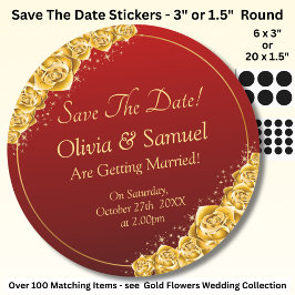 Save The Date - Gold Flowers Maroon Red  Runt Klistermärke