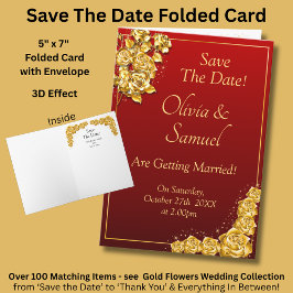 Save The Date - Gold Roses on Maroon Red    Kort
