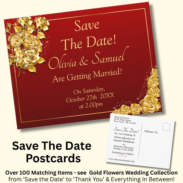 Save The Date - Gold Roses on Maroon Red  Meddelande Vykort (Skapare uppladdad)