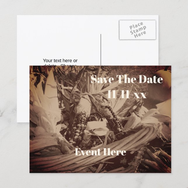 Save The Date Indian Corn Country Autumn Meddelande Vykort (Fram/baksida)