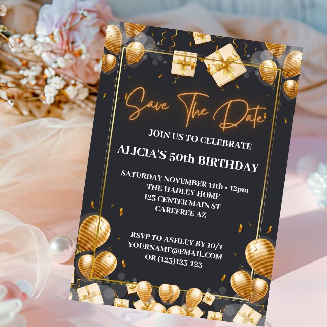 Save the Date Invitation Black Gold 50th Birthday Inbjudningar (Skapare uppladdad)