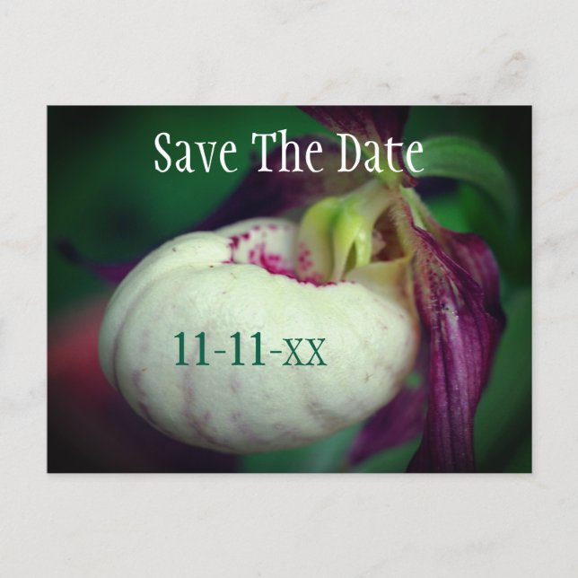 Save The Date Lady Slipper Flower Personalized Meddelande Vykort (Framsida)