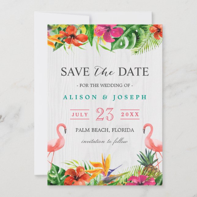 Save The Date | Luau Tropical Blommigt Flamingo Spara Datumet (Framsida)