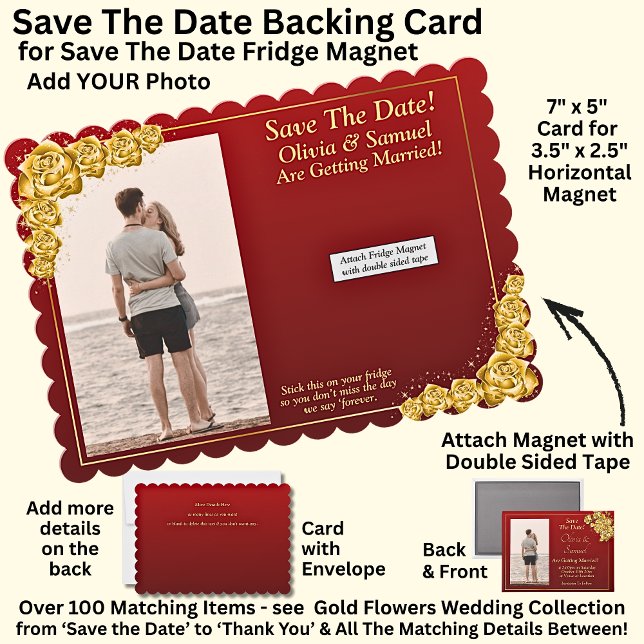 Save The Date, Magnet Backing Card Gold Flowers Tack Kort (Skapare uppladdad)