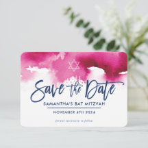 SAVE THE DATE MITZVAH modern dark pink watercolor