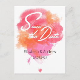 Save the date - modern, watercolor pink orange vykort