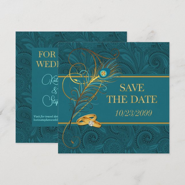 Save the Date Peacock Teal Wedding Spara Datumet (Fram/baksida)
