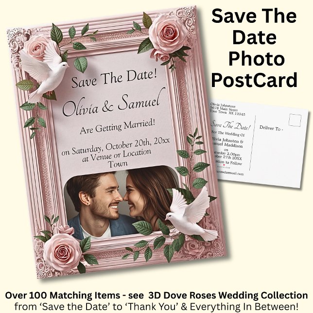 Save The Date, Photo - Dove & Pink Roses Meddelande Vykort (Skapare uppladdad)