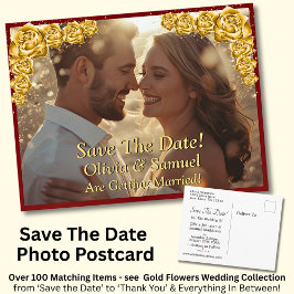 Save The Date, Photo - Gold Roses Maroon Red Meddelande Vykort