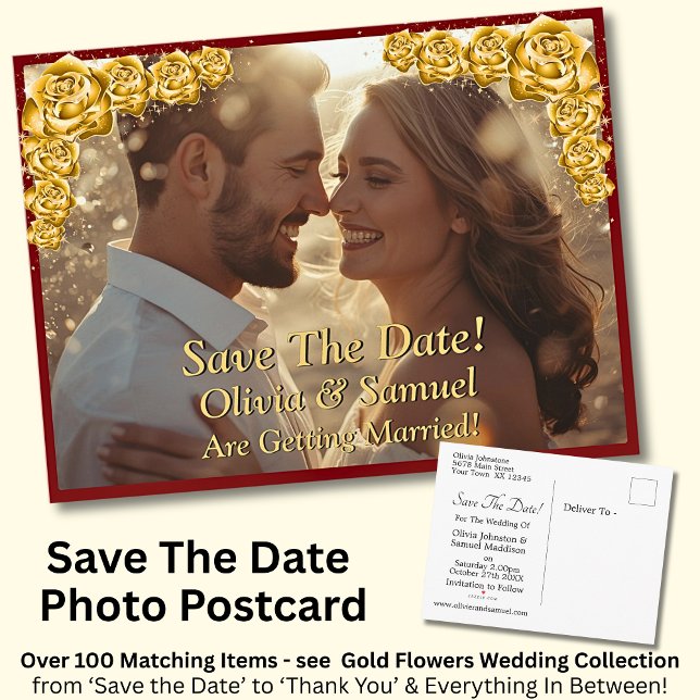 Save The Date, Photo - Gold Roses Maroon Red Meddelande Vykort (Skapare uppladdad)