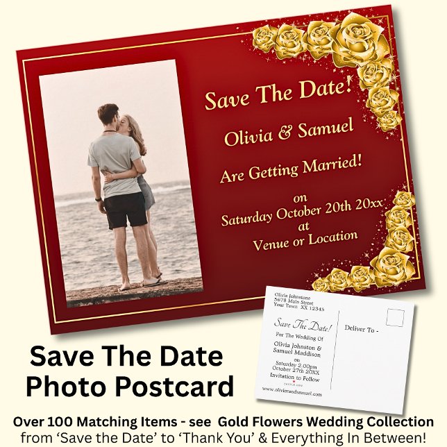 Save The Date, Photo - Gold Roses Maroon Red  Meddelande Vykort (Skapare uppladdad)