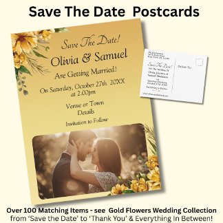 Save The Date - Photo with Golden Yellow Flowers Meddelande Vykort