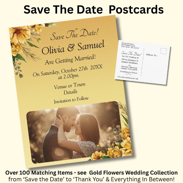 Save The Date - Photo with Golden Yellow Flowers Meddelande Vykort (Skapare uppladdad)