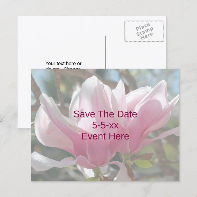 Save The Date Pink Magnolia Flower  Meddelande Vykort (Fram/baksida)