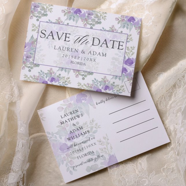 Save the Date Purple Floral Wedding Meddelande Vykort (Skapare uppladdad)