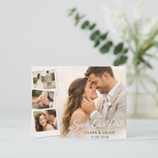 Save the Date Wedding Card Modern Script | 4 Photo Vykort