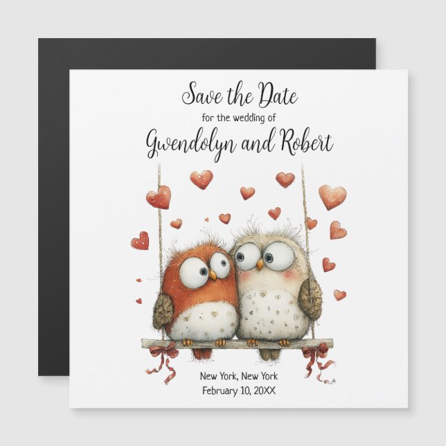 Save the Date Wedding Magnet Cute Owl Couple  (Fram/baksida)