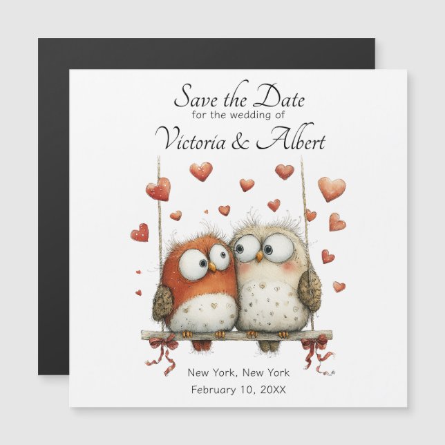 Save the Date Wedding Magnet Whimsical Owl Couple  (Fram/baksida)