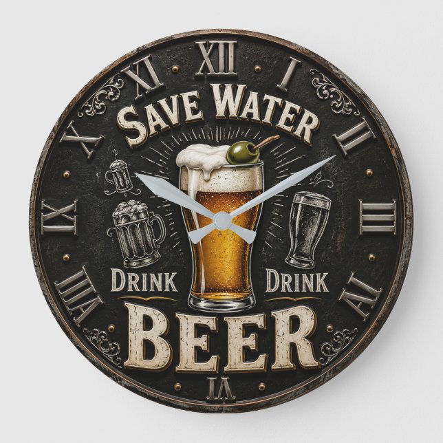 Save Water Drink Beer Man Cave Gift Stor Klocka (Framsida)
