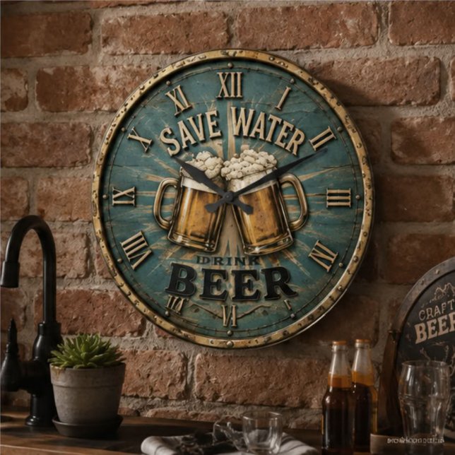 Save Water Drink Beer Rustic Home Bar Stor Klocka (Skapare uppladdad)