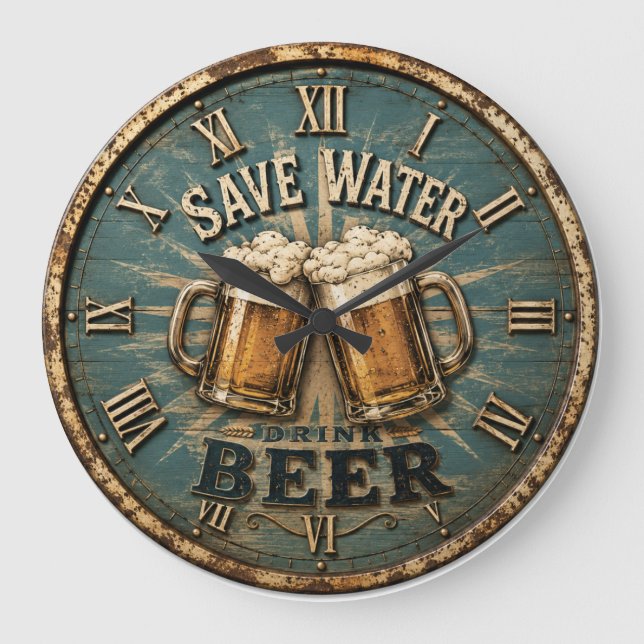 Save Water Drink Beer Rustic Home Bar Stor Klocka (Framsida)