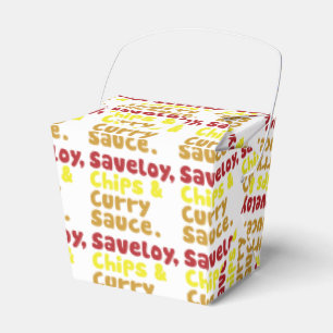Saveloy, Chip & Curry Sauce. Presentaskar